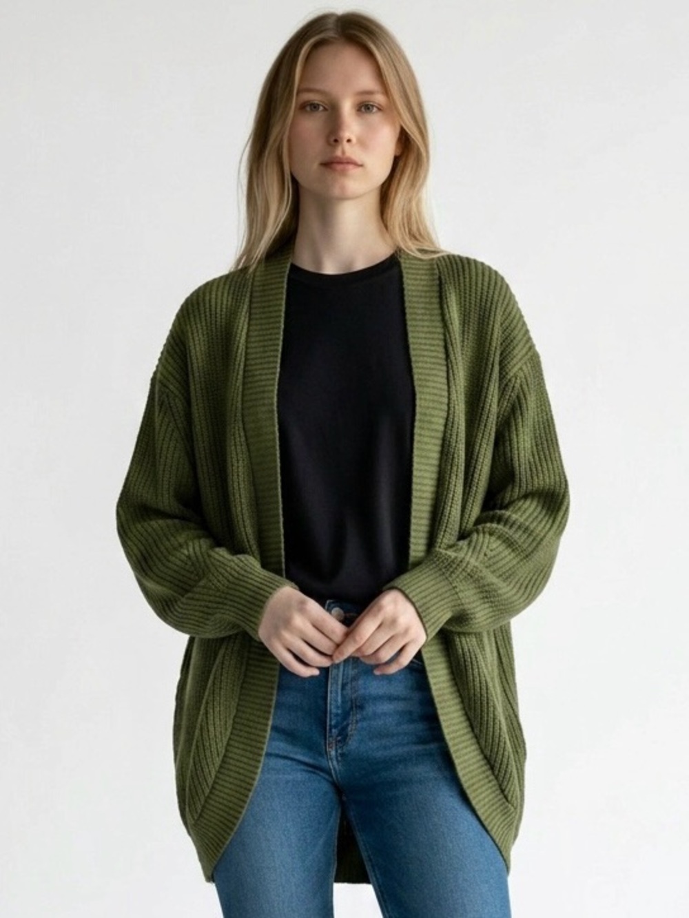 American Eagle Olive Green Ribbed Shawl Collar Open Front Cardigan Small